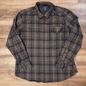Swiss Tech Casual Button Down Mens 2XL Brown & Blue Plaid Rugged Flannel Shirt